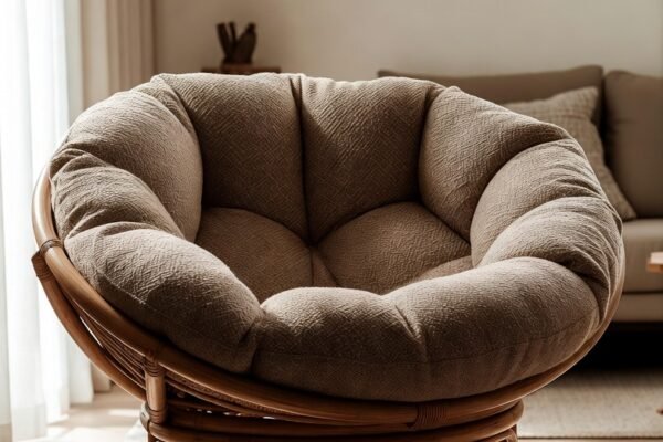 A cozy and stylish 19 Papasan chair with a thick plush cushion placed in a warmly lit modern living room, representing ultimate comfort, compact design, and timeless boho style — the complete guide to the perfect nest chair.