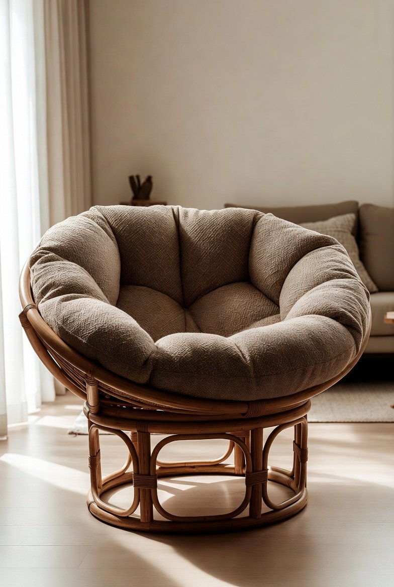 A cozy and stylish 19 Papasan chair with a thick plush cushion placed in a warmly lit modern living room, representing ultimate comfort, compact design, and timeless boho style — the complete guide to the perfect nest chair.