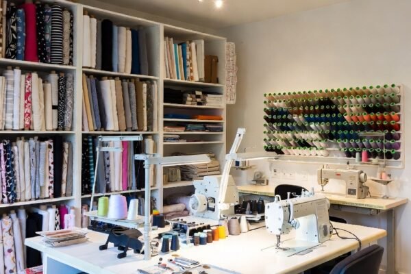 A beautifully organized and inspiring sewing room featuring a professional sewing table, colorful thread wall display, clear fabric storage, bright task lighting, a large cutting table and creative decor creating the ultimate functional and joyful creative sewing space.