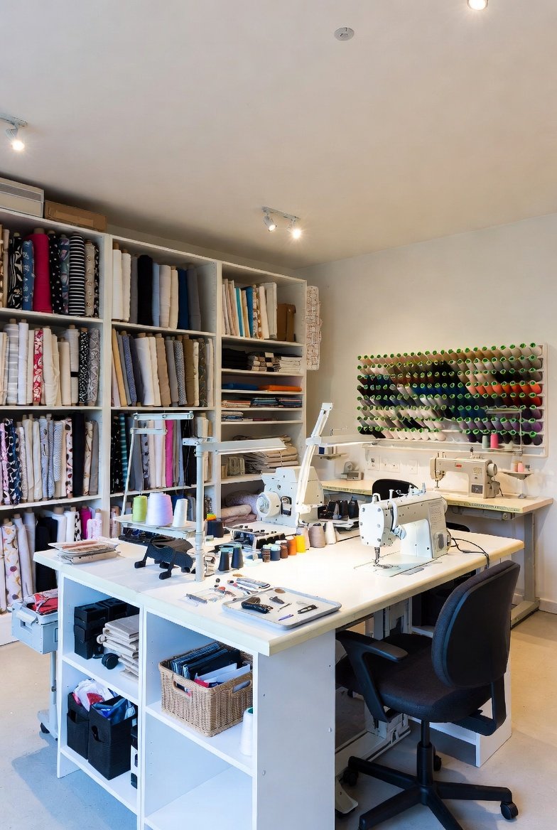 A beautifully organized and inspiring sewing room featuring a professional sewing table, colorful thread wall display, clear fabric storage, bright task lighting, a large cutting table and creative decor creating the ultimate functional and joyful creative sewing space.