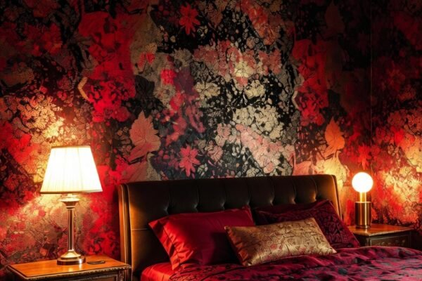 A beautifully transformed bedroom featuring a dramatic dark floral wallpaper accent wall behind a white upholstered bed, layered neutral bedding, warm ambient bedside lighting, and elegant furniture — showcasing the most stunning and budget-friendly wallpaper bedroom ideas for a complete sleep space transformation.