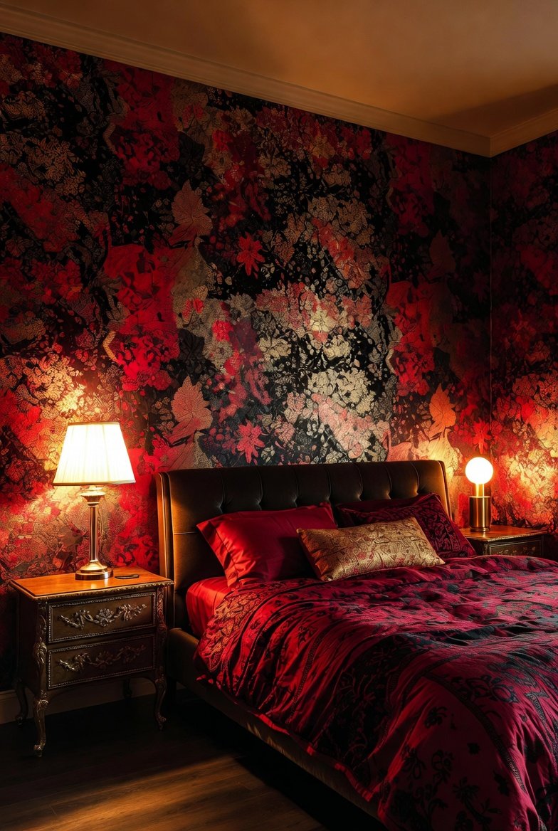 A beautifully transformed bedroom featuring a dramatic dark floral wallpaper accent wall behind a white upholstered bed, layered neutral bedding, warm ambient bedside lighting, and elegant furniture — showcasing the most stunning and budget-friendly wallpaper bedroom ideas for a complete sleep space transformation.
