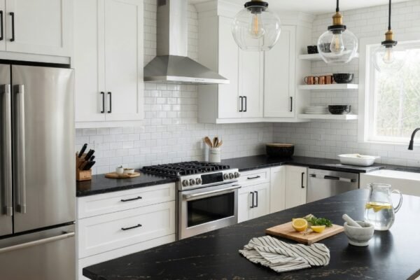 A beautifully designed kitchen featuring crisp white shaker cabinets with matte black hardware and dramatic black granite countertops white subway tile backsplash stainless steel appliances and warm pendant lights creating a timeless kitchen combination in bright natural light.