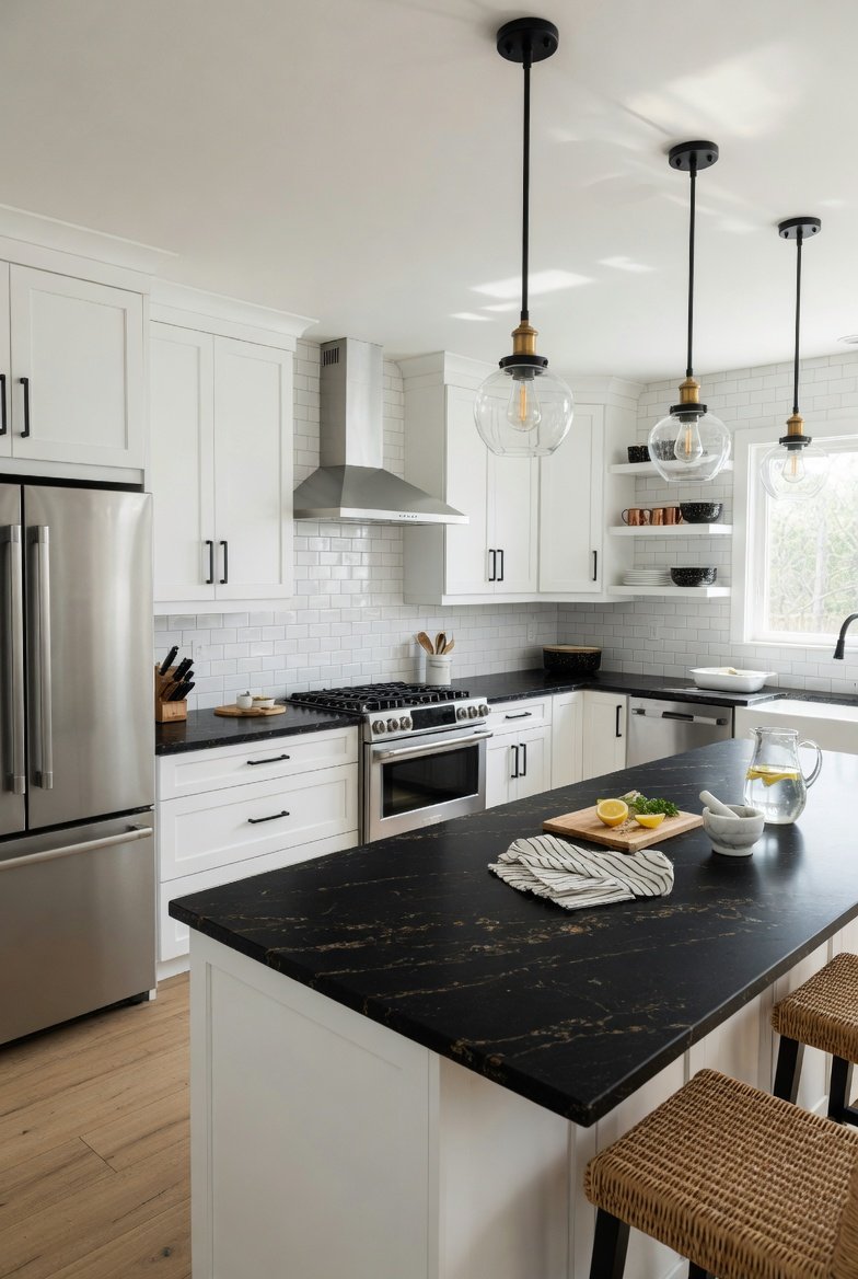 A beautifully designed kitchen featuring crisp white shaker cabinets with matte black hardware and dramatic black granite countertops white subway tile backsplash stainless steel appliances and warm pendant lights creating a timeless kitchen combination in bright natural light.
