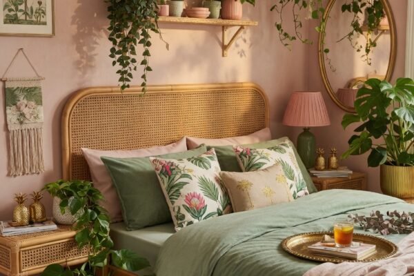 A beautifully designed pink and green bedroom featuring soft blush pink walls sage green velvet bedding botanical print cushions gold accents a rattan headboard and trailing houseplants creating a dreamy oasis atmosphere in warm natural light