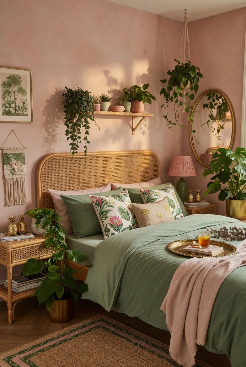A beautifully designed pink and green bedroom featuring soft blush pink walls sage green velvet bedding botanical print cushions gold accents a rattan headboard and trailing houseplants creating a dreamy oasis atmosphere in warm natural light