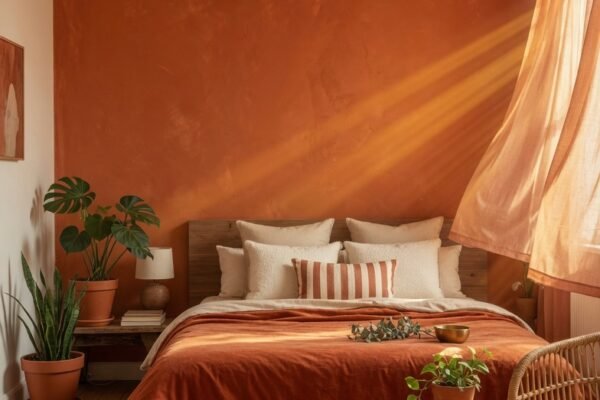 A beautifully styled orange bedroom with a warm terracotta accent wall, rust-colored velvet bedding, cream pillows, wooden furniture, warm Edison bulb lighting, and potted greenery in golden afternoon light, representing the ultimate guide to thirteen orange bedroom ideas for a vibrant cozy and stylish sleep space.