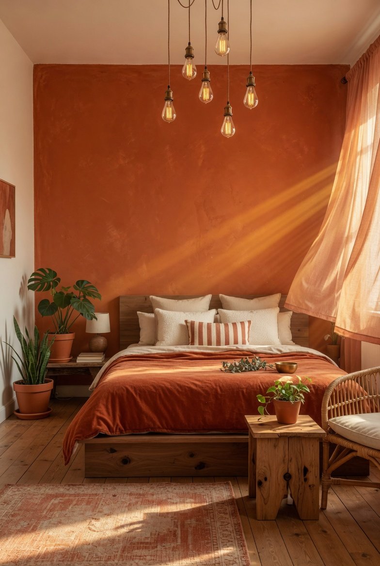 A beautifully styled orange bedroom with a warm terracotta accent wall, rust-colored velvet bedding, cream pillows, wooden furniture, warm Edison bulb lighting, and potted greenery in golden afternoon light, representing the ultimate guide to thirteen orange bedroom ideas for a vibrant cozy and stylish sleep space.