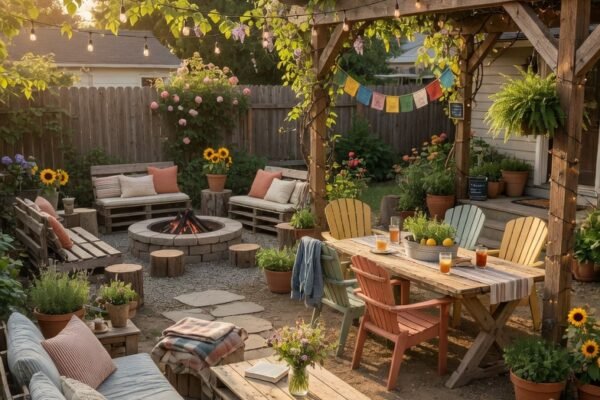 A beautifully transformed backyard featuring DIY outdoor furniture including a rustic pallet sofa farmhouse dining table Adirondack chairs fire pit seating area and pergola with string lights creating a cozy outdoor living space in warm golden afternoon light.