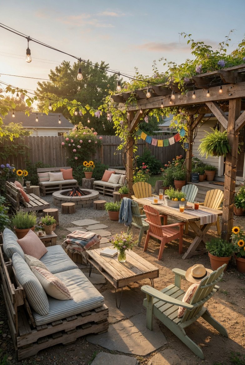 A beautifully transformed backyard featuring DIY outdoor furniture including a rustic pallet sofa farmhouse dining table Adirondack chairs fire pit seating area and pergola with string lights creating a cozy outdoor living space in warm golden afternoon light.