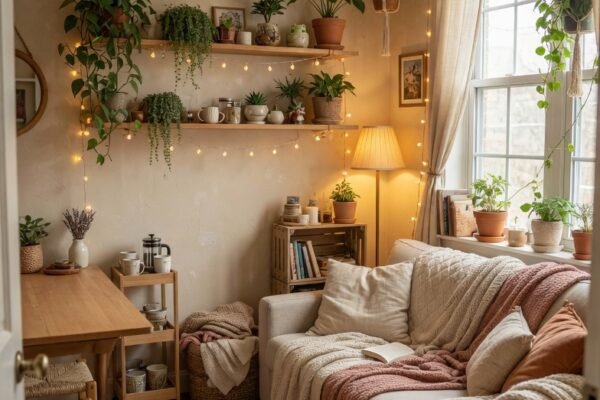 A beautifully designed small apartment with cozy aesthetic featuring warm neutral walls soft layered textiles plush sofa with chunky knit throws fairy lights potted plants on floating shelves and warm ambient lighting creating a warm stylish haven in bright natural light.