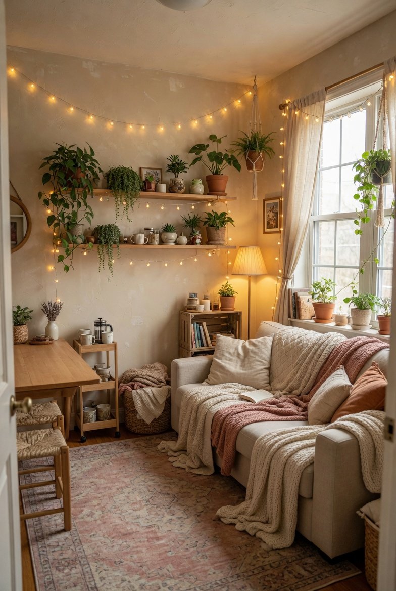 A beautifully designed small apartment with cozy aesthetic featuring warm neutral walls soft layered textiles plush sofa with chunky knit throws fairy lights potted plants on floating shelves and warm ambient lighting creating a warm stylish haven in bright natural light.