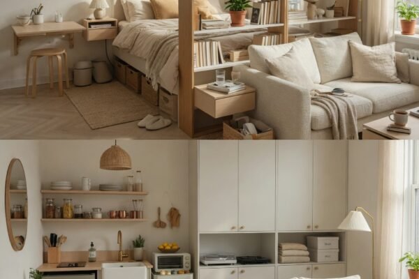 A beautifully transformed studio apartment with space saving furniture a defined sleeping area bookshelf divider compact kitchen cozy living zone and smart storage solutions in a light neutral palette creating a dream home feel in bright natural light.
