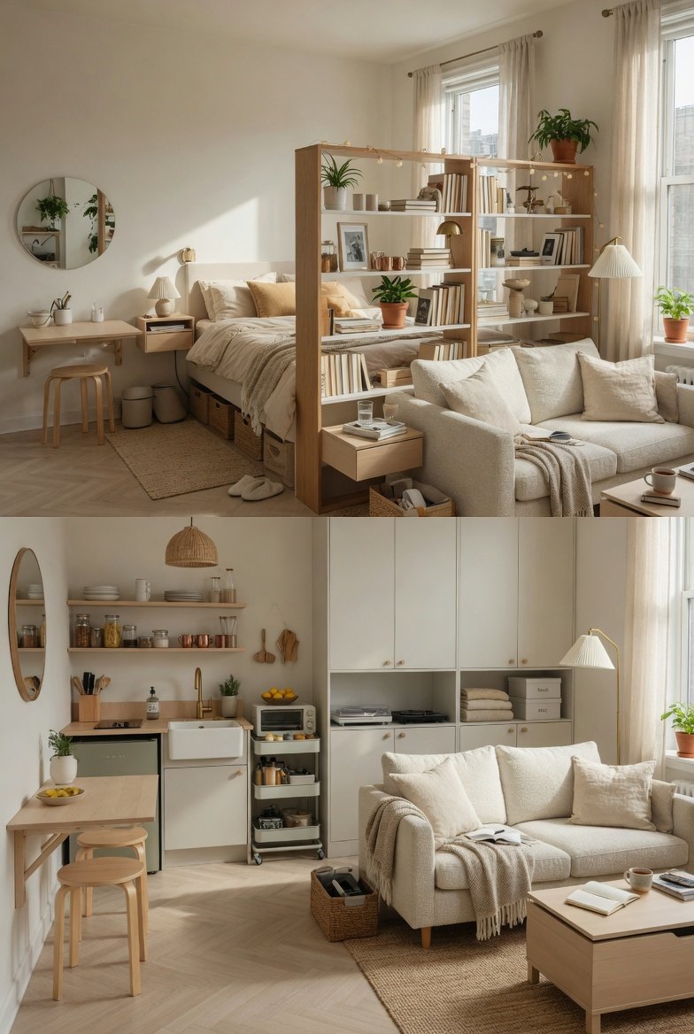 A beautifully transformed studio apartment with space saving furniture a defined sleeping area bookshelf divider compact kitchen cozy living zone and smart storage solutions in a light neutral palette creating a dream home feel in bright natural light.