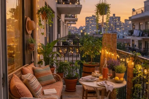 A beautifully transformed apartment balcony dream retreat featuring cozy outdoor seating with cushions string lights lush potted plants a small dining table privacy screen and outdoor rug creating an inviting urban outdoor sanctuary in warm golden evening light.35 Balcony Ideas That Will Transform Your Outdoor Space into a Dream Retreat