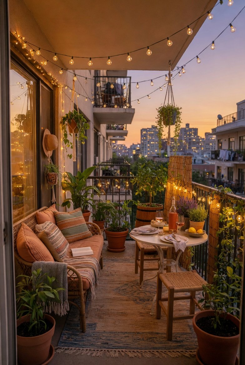A beautifully transformed apartment balcony dream retreat featuring cozy outdoor seating with cushions string lights lush potted plants a small dining table privacy screen and outdoor rug creating an inviting urban outdoor sanctuary in warm golden evening light.35 Balcony Ideas That Will Transform Your Outdoor Space into a Dream Retreat