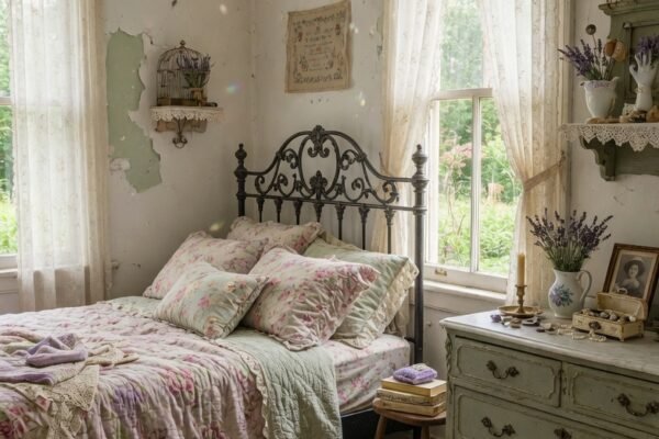 A beautifully designed vintage cottage bedroom featuring distressed white walls an ornate iron bed frame with layered floral bedding a crystal chandelier antique dresser lace curtains braided rug and lavender bundles creating a dreamy timeless comfort retreat in warm soft natural light.