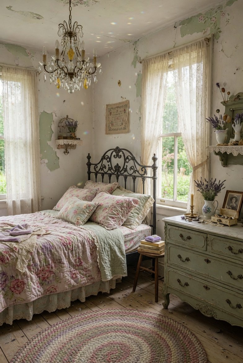 A beautifully designed vintage cottage bedroom featuring distressed white walls an ornate iron bed frame with layered floral bedding a crystal chandelier antique dresser lace curtains braided rug and lavender bundles creating a dreamy timeless comfort retreat in warm soft natural light.