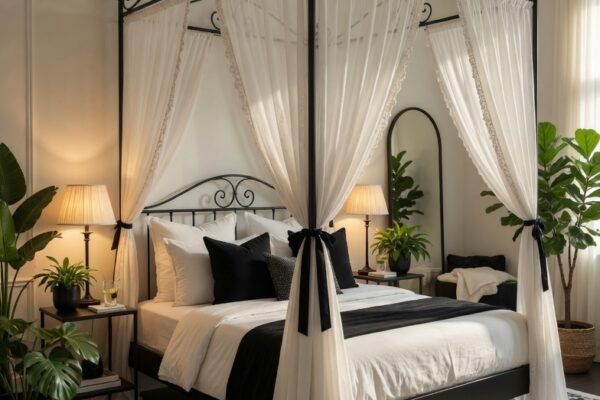A beautifully styled black canopy bed as the dramatic centerpiece of a luxurious bedroom with sheer white flowing curtains draped from the black metal frame crisp white linen bedding warm ambient lighting flanking plants and a plush area rug creating a sanctuary atmosphere in warm soft natural light.
