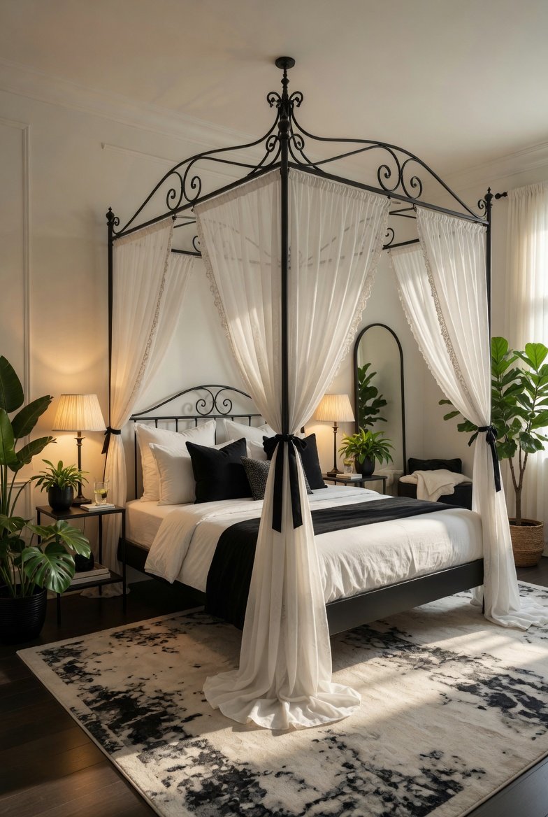 A beautifully styled black canopy bed as the dramatic centerpiece of a luxurious bedroom with sheer white flowing curtains draped from the black metal frame crisp white linen bedding warm ambient lighting flanking plants and a plush area rug creating a sanctuary atmosphere in warm soft natural light.