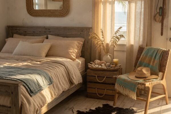A beautifully styled coastal cowgirl bedroom with a weathered wood bed frame, sandy linen bedding, a cowhide rug on bleached wood floors, rope-wrapped mirror, and gauze curtains in warm afternoon light, representing fifteen coastal cowgirl bedroom ideas to nail that rustic beachy vibe.