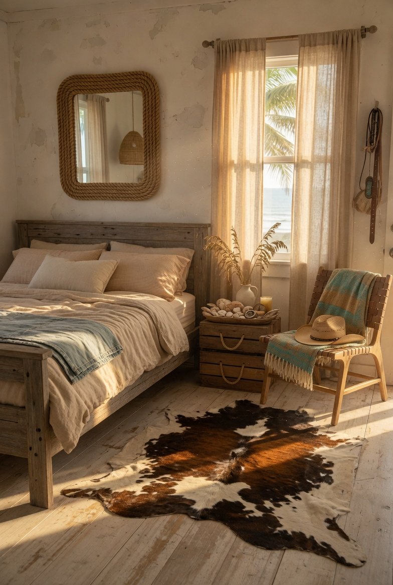 A beautifully styled coastal cowgirl bedroom with a weathered wood bed frame, sandy linen bedding, a cowhide rug on bleached wood floors, rope-wrapped mirror, and gauze curtains in warm afternoon light, representing fifteen coastal cowgirl bedroom ideas to nail that rustic beachy vibe.