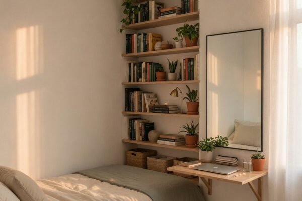 A beautifully optimized small room setup with vertical floating shelves, a platform bed with storage drawers, a fold-down wall desk, large mirror, and warm morning light streaming through sheer curtains, representing the ultimate guide to transforming a tiny space into a functional haven.