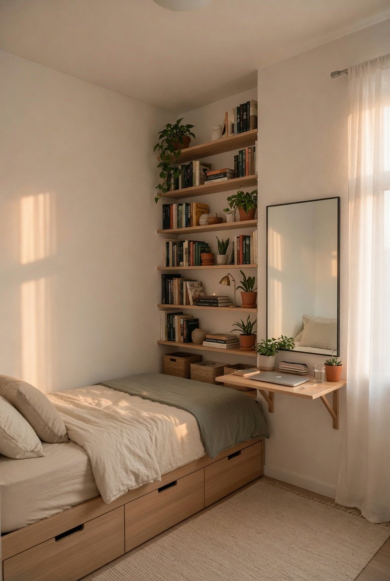 A beautifully optimized small room setup with vertical floating shelves, a platform bed with storage drawers, a fold-down wall desk, large mirror, and warm morning light streaming through sheer curtains, representing the ultimate guide to transforming a tiny space into a functional haven.