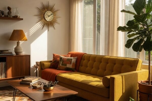 A beautifully styled mid-century modern living room with a low-profile mustard yellow sofa, walnut hairpin leg coffee table, geometric area rug, sunburst wall clock, and a potted fiddle leaf fig in warm afternoon light streaming through floor-to-ceiling windows, representing twenty-four mid-century modern living room ideas to transform your space.