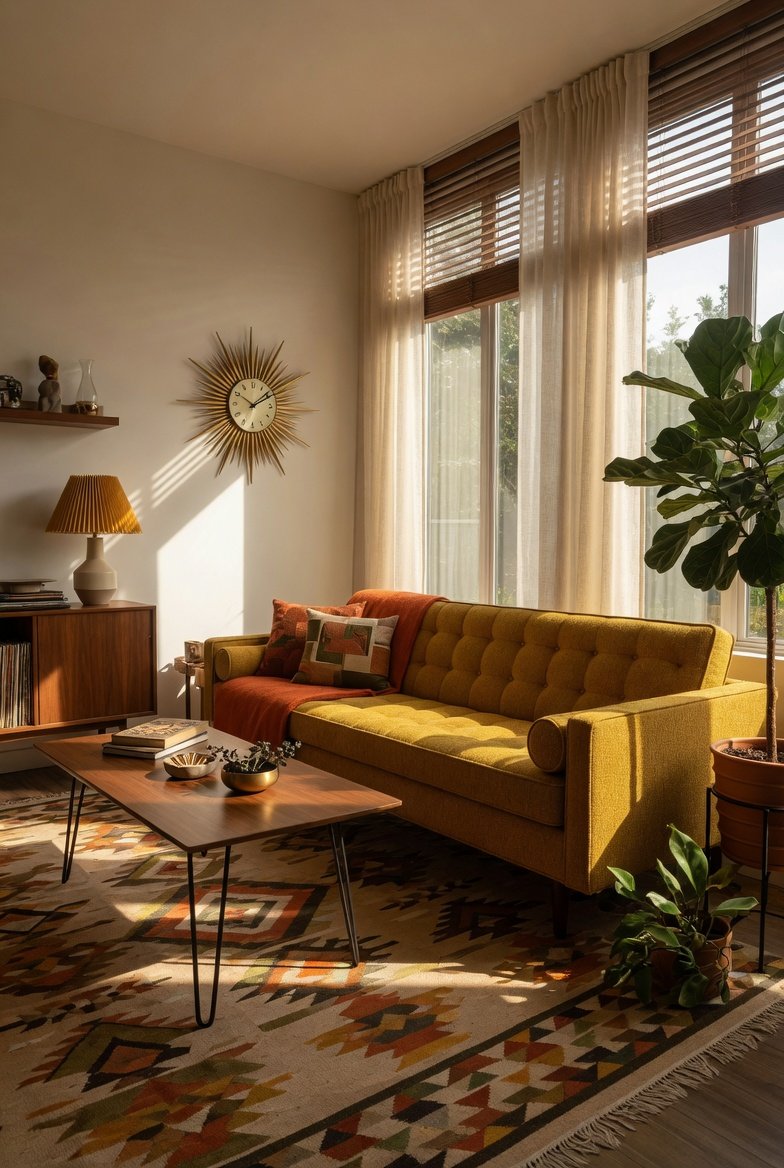 A beautifully styled mid-century modern living room with a low-profile mustard yellow sofa, walnut hairpin leg coffee table, geometric area rug, sunburst wall clock, and a potted fiddle leaf fig in warm afternoon light streaming through floor-to-ceiling windows, representing twenty-four mid-century modern living room ideas to transform your space.
