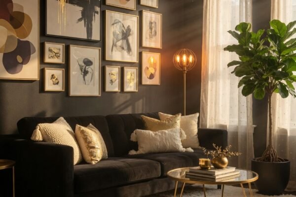 A dramatic and beautifully styled living room centered around a sleek black velvet sofa with cream and gold throw pillows, a white shaggy rug, gold hairpin coffee table, gallery wall, and warm Edison bulb lighting in golden afternoon light, representing the ultimate guide to black sofa living room decor ideas from drab to dramatic.