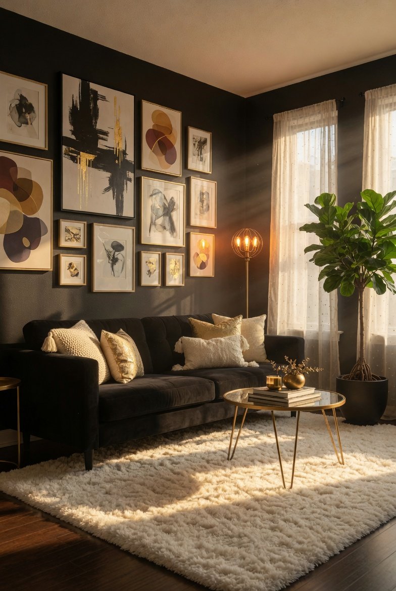 A dramatic and beautifully styled living room centered around a sleek black velvet sofa with cream and gold throw pillows, a white shaggy rug, gold hairpin coffee table, gallery wall, and warm Edison bulb lighting in golden afternoon light, representing the ultimate guide to black sofa living room decor ideas from drab to dramatic.