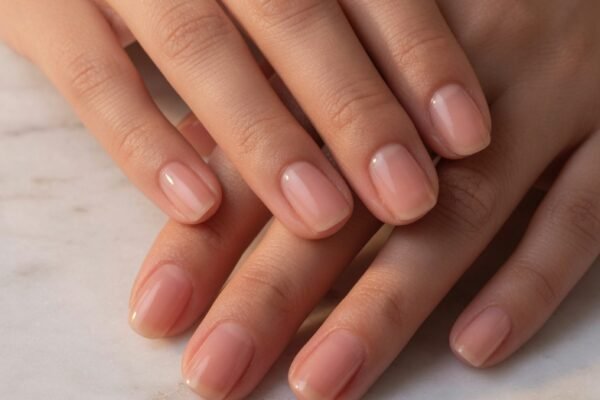 A close-up beauty photography shot of two well-groomed hands with short naturally styled nails painted in a sheer nude tint, soft cuticles, and a healthy natural glow on a white marble surface in warm soft studio lighting, representing thirteen bitten nails ideas to restore confidence with gentle natural-looking solutions.