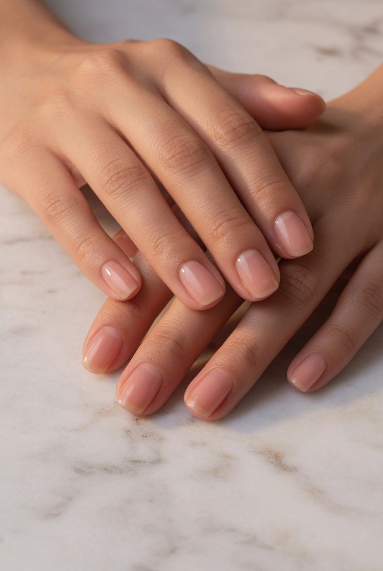 A close-up beauty photography shot of two well-groomed hands with short naturally styled nails painted in a sheer nude tint, soft cuticles, and a healthy natural glow on a white marble surface in warm soft studio lighting, representing thirteen bitten nails ideas to restore confidence with gentle natural-looking solutions.