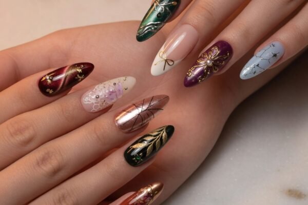 A close-up beauty photography shot of two hands with perfectly shaped almond nails displaying elegant chic nail designs in warm soft studio lighting on a white marble surface, representing eleven almond nail designs to elevate your style with flattering shapes that wow.