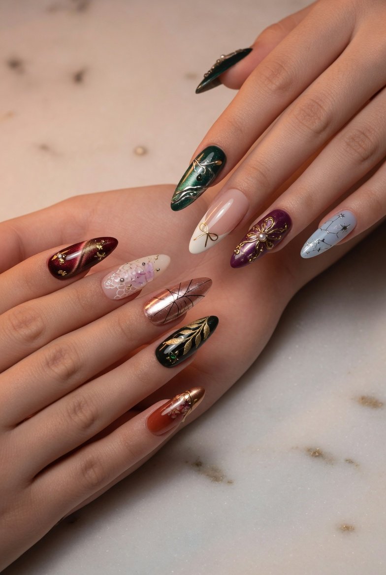 A close-up beauty photography shot of two hands with perfectly shaped almond nails displaying elegant chic nail designs in warm soft studio lighting on a white marble surface, representing eleven almond nail designs to elevate your style with flattering shapes that wow.