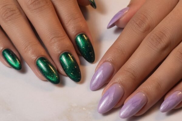 A close-up beauty photography shot of two hands side by side displaying two completely different nail colors, the left hand in deep jewel-toned emerald green and the right hand in soft pastel lavender on a white marble surface in warm soft studio lighting, representing ten ideas for two different colored nails on each hand to express your bold personality with eye-catching dual-tone designs.