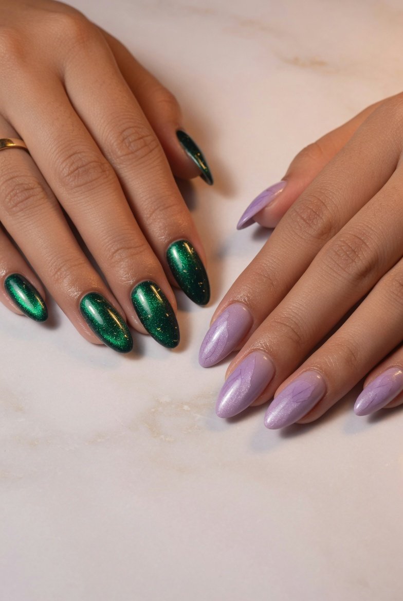 A close-up beauty photography shot of two hands side by side displaying two completely different nail colors, the left hand in deep jewel-toned emerald green and the right hand in soft pastel lavender on a white marble surface in warm soft studio lighting, representing ten ideas for two different colored nails on each hand to express your bold personality with eye-catching dual-tone designs.