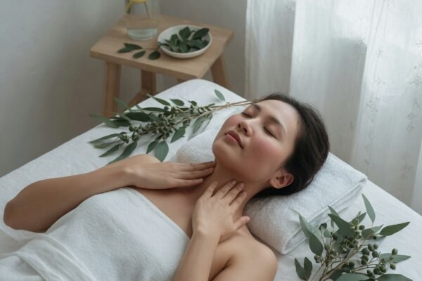 A serene wellness lifestyle photography shot of a woman lying on a white linen massage table gently performing a self lymph drainage massage on her neck with soft natural light streaming through sheer curtains and fresh eucalyptus branches beside her, representing the ultimate self lymph drainage massage guide to unlock natural detox reduce swelling and feel refreshed daily.