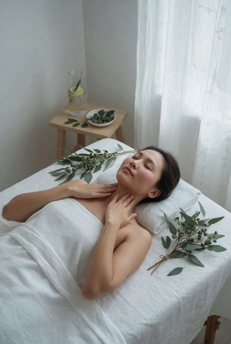 A serene wellness lifestyle photography shot of a woman lying on a white linen massage table gently performing a self lymph drainage massage on her neck with soft natural light streaming through sheer curtains and fresh eucalyptus branches beside her, representing the ultimate self lymph drainage massage guide to unlock natural detox reduce swelling and feel refreshed daily.