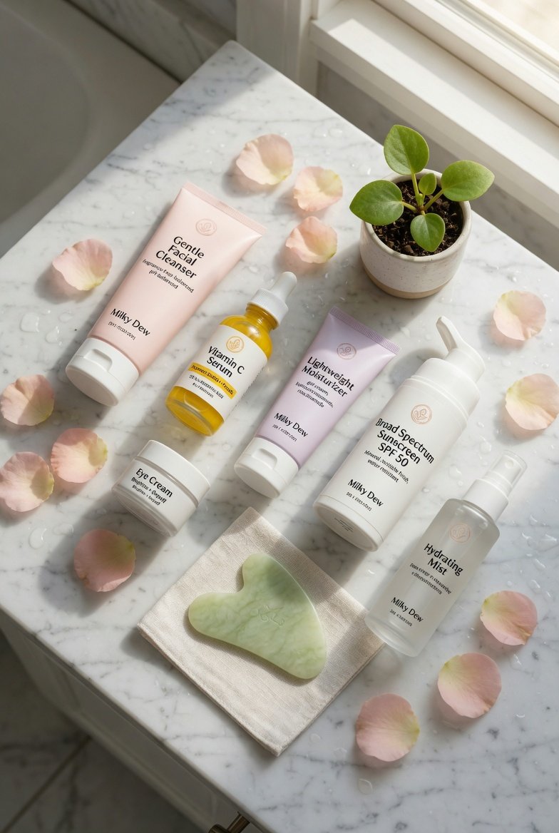 A perfect morning skincare routine setup on a white marble bathroom counter featuring a gentle cleanser vitamin C serum eye cream moisturizer sunscreen and hydrating mist arranged beautifully with fresh rose petals and a small green plant in bright natural light.