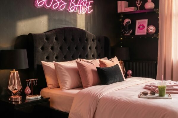 : A beautifully designed black and pink room featuring a deep matte black accent wall soft blush pink bedding black velvet headboard pink neon sign rose gold accessories black floating shelves and a plush pink rug creating a bold beautiful and stylish space in warm natural light.