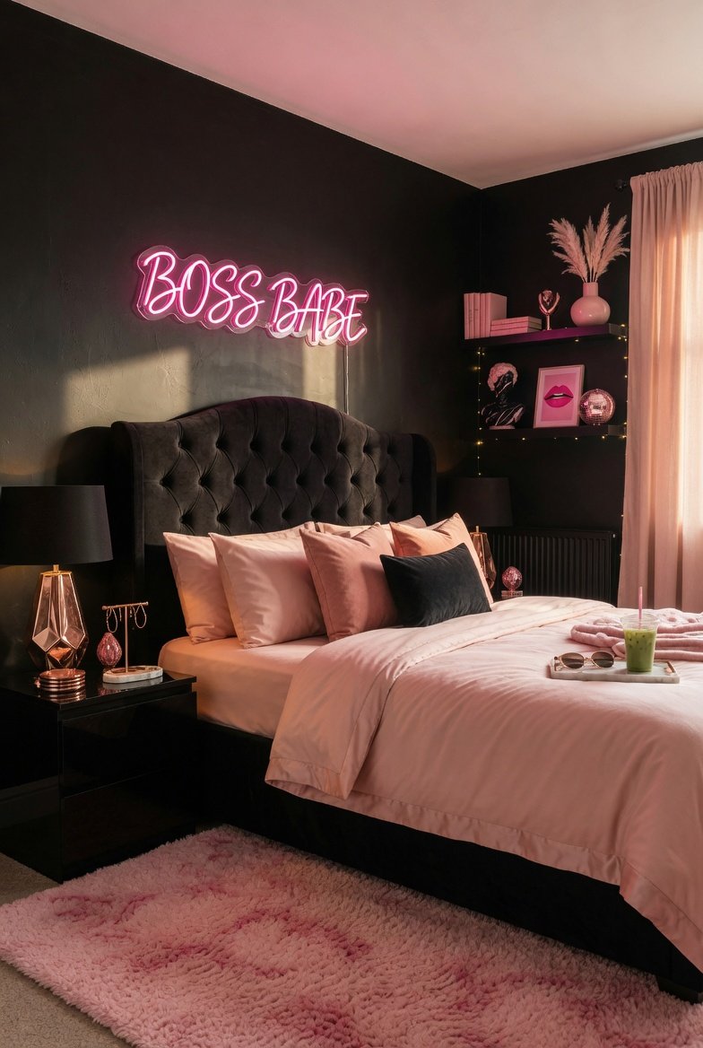 : A beautifully designed black and pink room featuring a deep matte black accent wall soft blush pink bedding black velvet headboard pink neon sign rose gold accessories black floating shelves and a plush pink rug creating a bold beautiful and stylish space in warm natural light.
