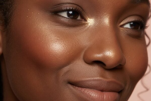 A stunning close-up beauty editorial photography shot of a dark-skinned woman with a beautifully natural glowing makeup look featuring dewy luminous skin, warm bronzer on her cheekbones, soft eye definition, a warm nude lip, and a delicate highlight in warm soft studio lighting, representing a dark skin makeup tutorial for a natural effortless confident glow with five simple secrets.