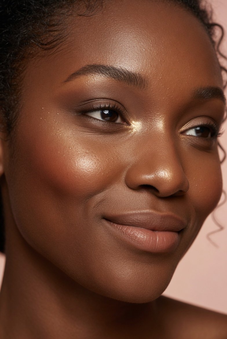 A stunning close-up beauty editorial photography shot of a dark-skinned woman with a beautifully natural glowing makeup look featuring dewy luminous skin, warm bronzer on her cheekbones, soft eye definition, a warm nude lip, and a delicate highlight in warm soft studio lighting, representing a dark skin makeup tutorial for a natural effortless confident glow with five simple secrets.