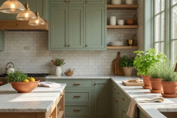 A beautifully designed sage green kitchen featuring matte sage green shaker cabinets warm brass hardware white marble countertop white subway tile backsplash warm pendant lights and natural wood accents creating a calm fresh and inviting cooking space in warm natural light.