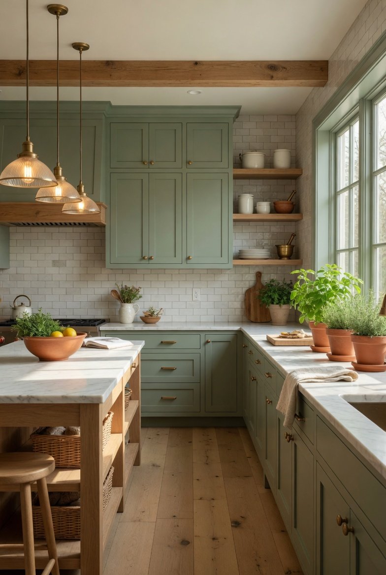 A beautifully designed sage green kitchen featuring matte sage green shaker cabinets warm brass hardware white marble countertop white subway tile backsplash warm pendant lights and natural wood accents creating a calm fresh and inviting cooking space in warm natural light.