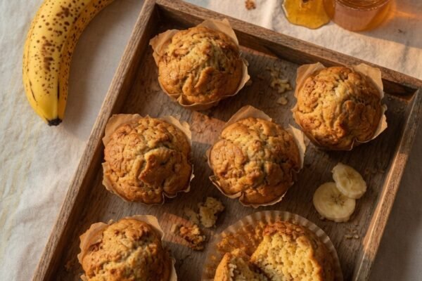 A rustic wooden tray holding six perfectly baked golden banana muffins with domed crackled tops, one muffin broken open revealing an incredibly moist golden crumb interior, ripe spotted bananas and a jar of honey beside the tray in warm morning kitchen light, representing the ultimate guide to the best banana muffin recipe that is so moist and so easy.