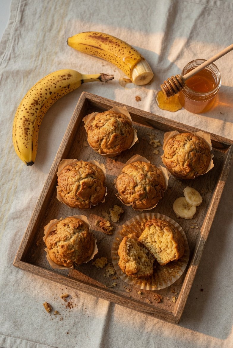 A rustic wooden tray holding six perfectly baked golden banana muffins with domed crackled tops, one muffin broken open revealing an incredibly moist golden crumb interior, ripe spotted bananas and a jar of honey beside the tray in warm morning kitchen light, representing the ultimate guide to the best banana muffin recipe that is so moist and so easy.