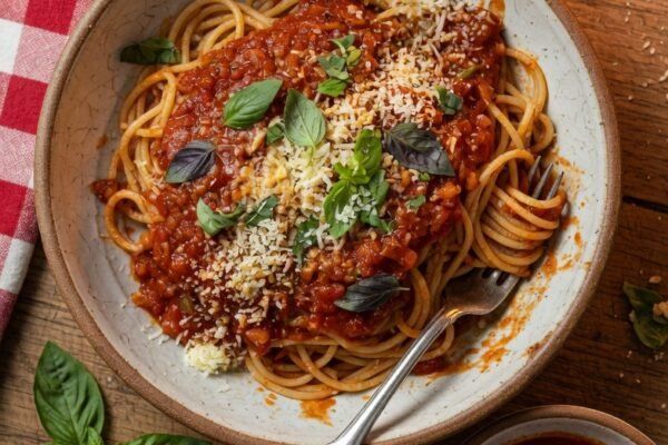A rustic ceramic bowl overflowing with perfectly sauced red sauce pasta with deep crimson marinara clinging to every spaghetti strand, fresh basil leaves, and grated parmesan in warm amber kitchen light, representing the ultimate guide to red sauce pasta recipes on a flavorful journey from kitchen to yours.
